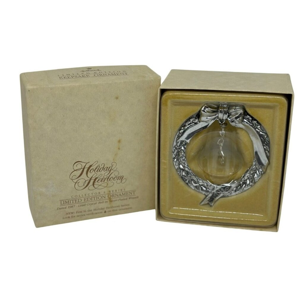 VTG 80s Hallmark Holiday Heirloom Crystal Bell Silver Wreath Christmas Ornament